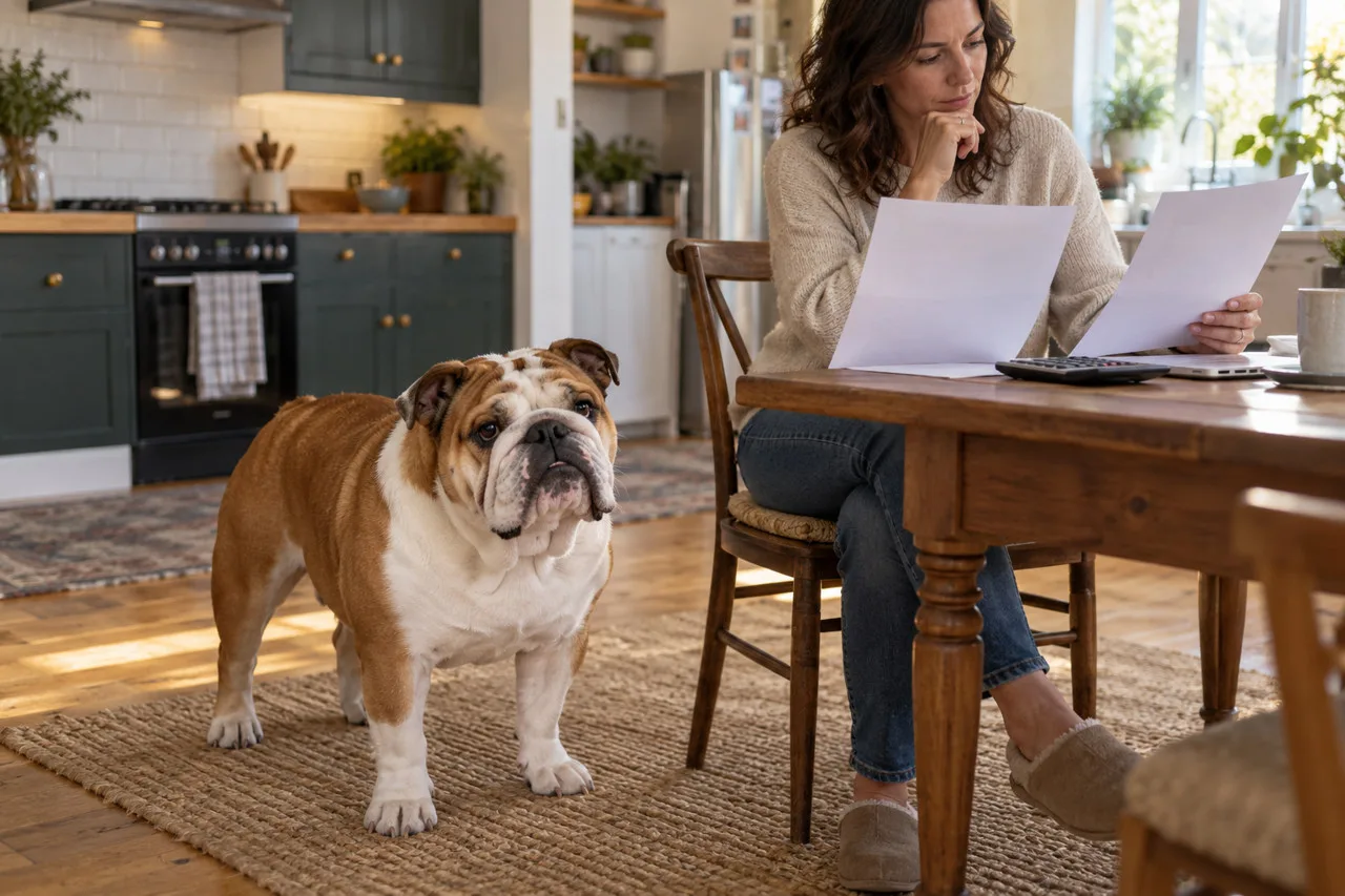 Owner reviewing papers at a table beside a brown-and-white dog